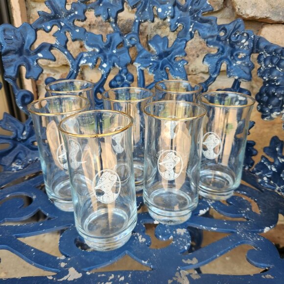 Set of 7 Vintage Avon Mrs. Albee Gold Rim Drinking Glasses EUC - Picture 2 of 10